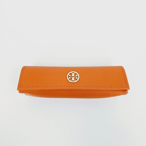 Tory Burch Glasses Case Orange Saffiano Leather Gold Metal Logo Designer Stylish - Picture 1 of 8